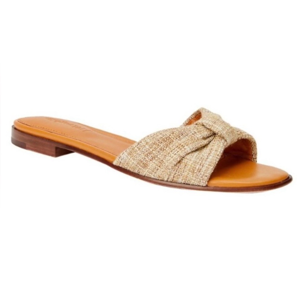J. McLaughlin Karina Natural Linen Flat Slide Sandals Leather Sole Beach Sz 8